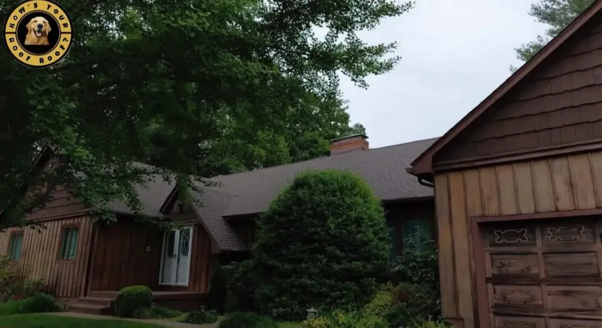 Brown wood-sided home with a new dark shingle roof surrounded by trees