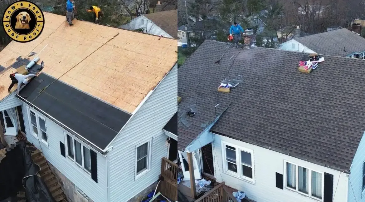 Before and after roof deck replacement and new shingle roof installation